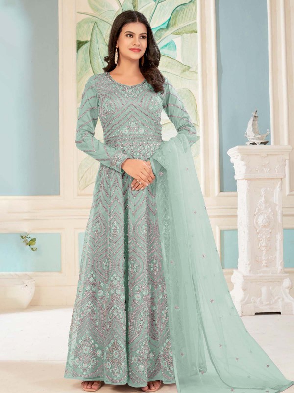 Light Blue Butterfly Net Designer Anarkali Salwar Kameez